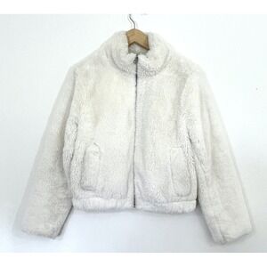 Lucky Brand Womens  Faux Fur Zip Jacket Size M Ivory Cozy Winter Luxe Cocktail